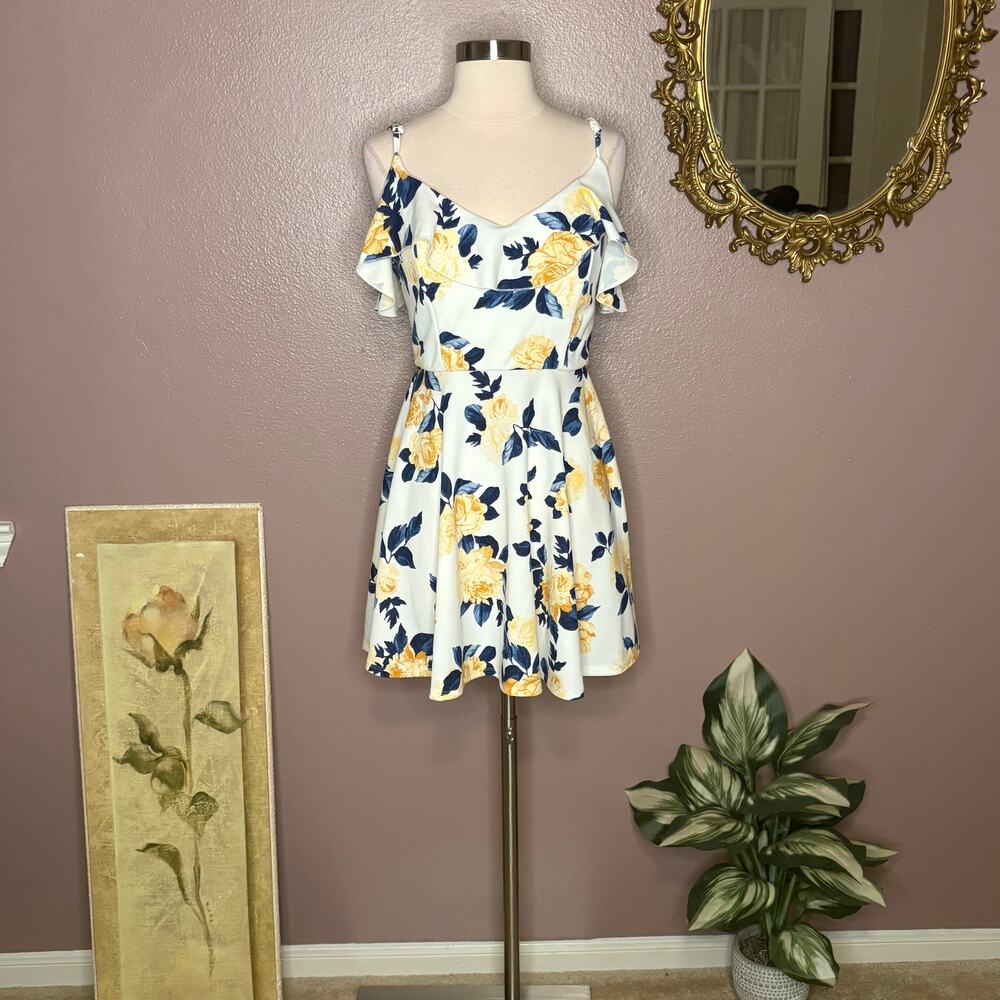 Trixxi Yellow‎ & Navy Floral Ruffle Cold Shoulder Dress Size M